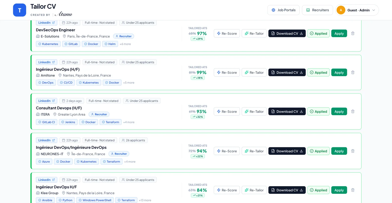 Dashboard job list with live ATS scores for every listing
