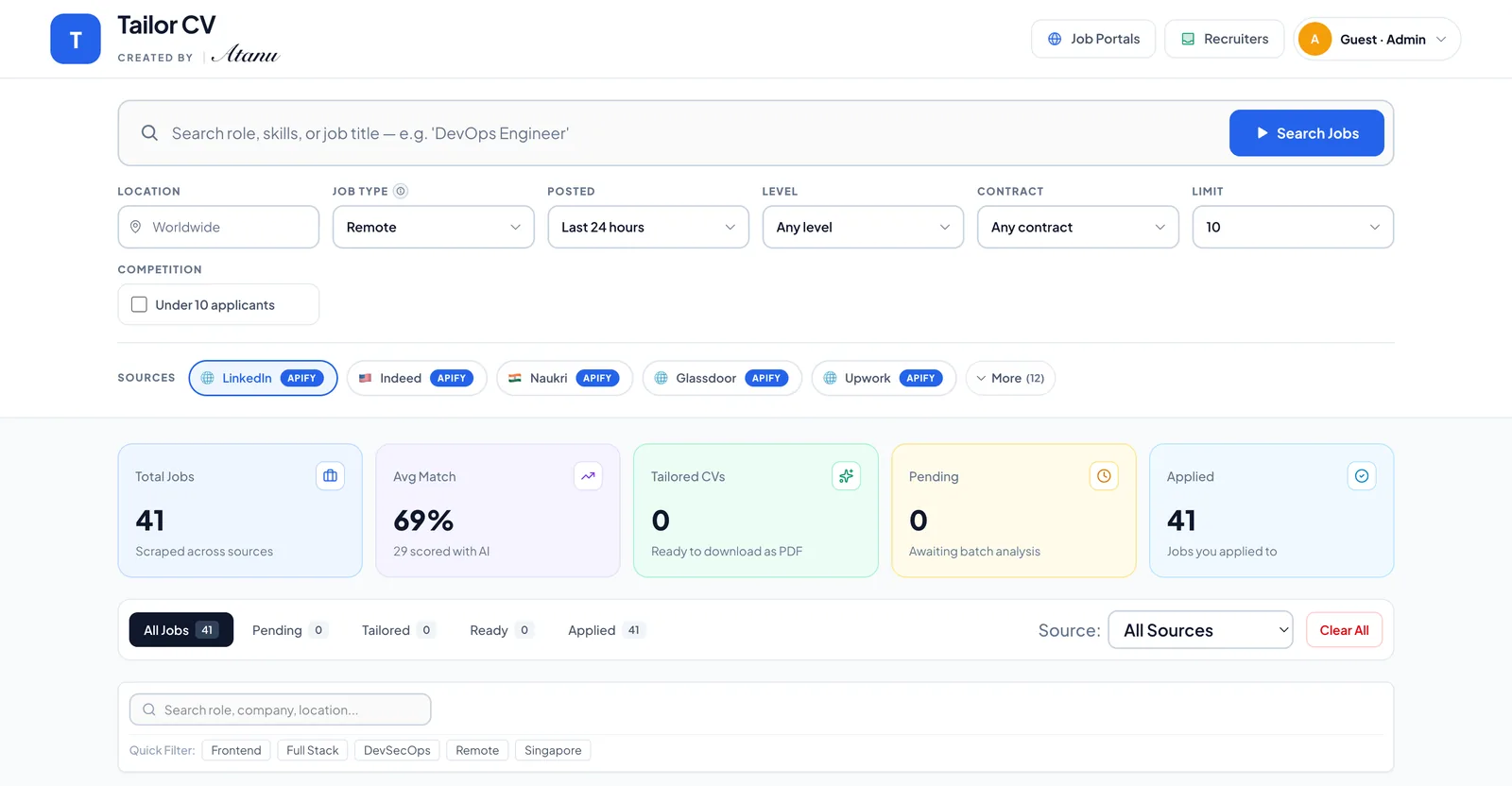 Tailor CV dashboard — scored jobs from 17 sources with ATS match percentages