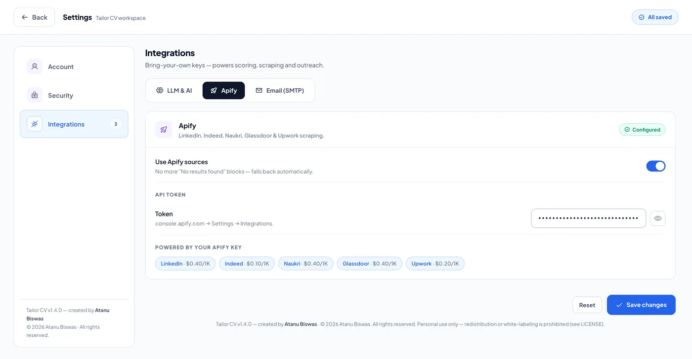 Settings — Apify token for job sources