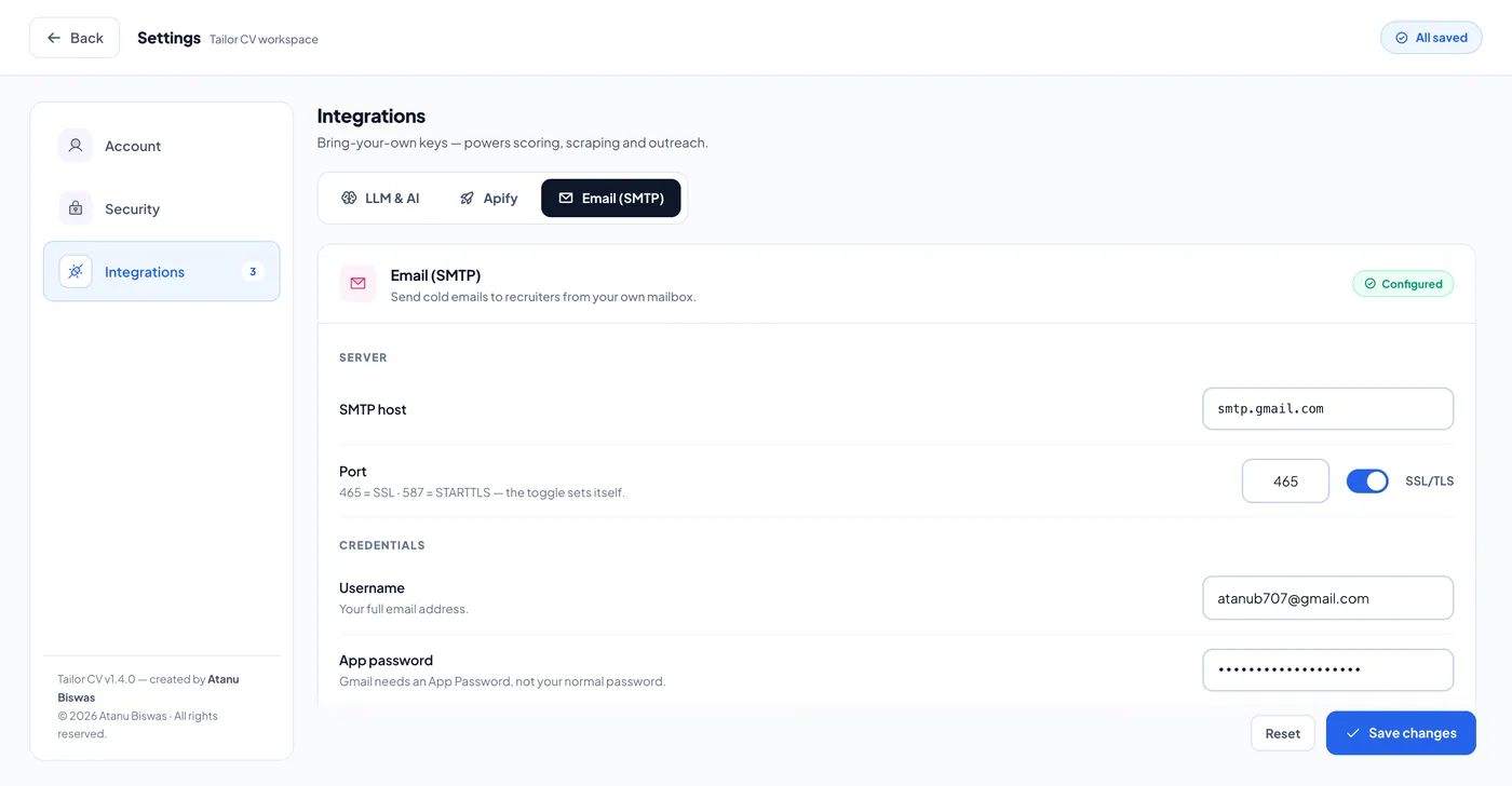 Settings — SMTP email configuration