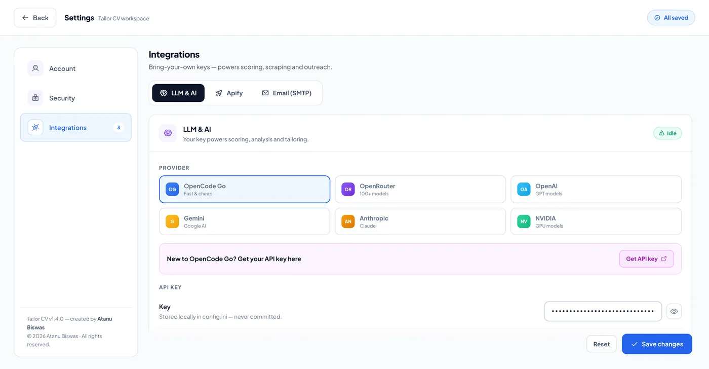 Settings — LLM & AI provider keys