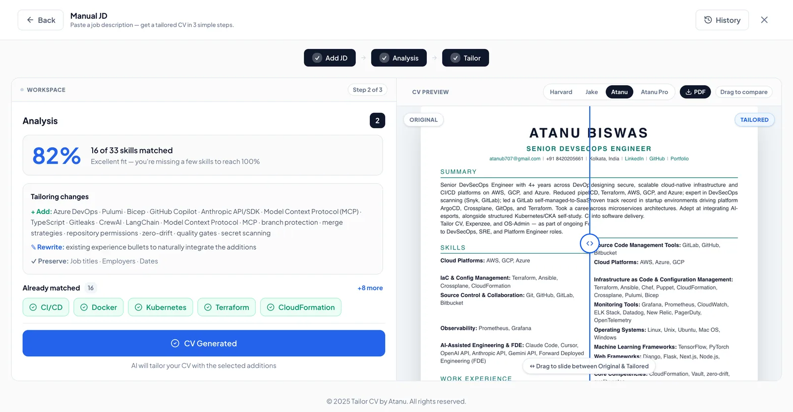 Manual JD — AI analysis with an 82% match score