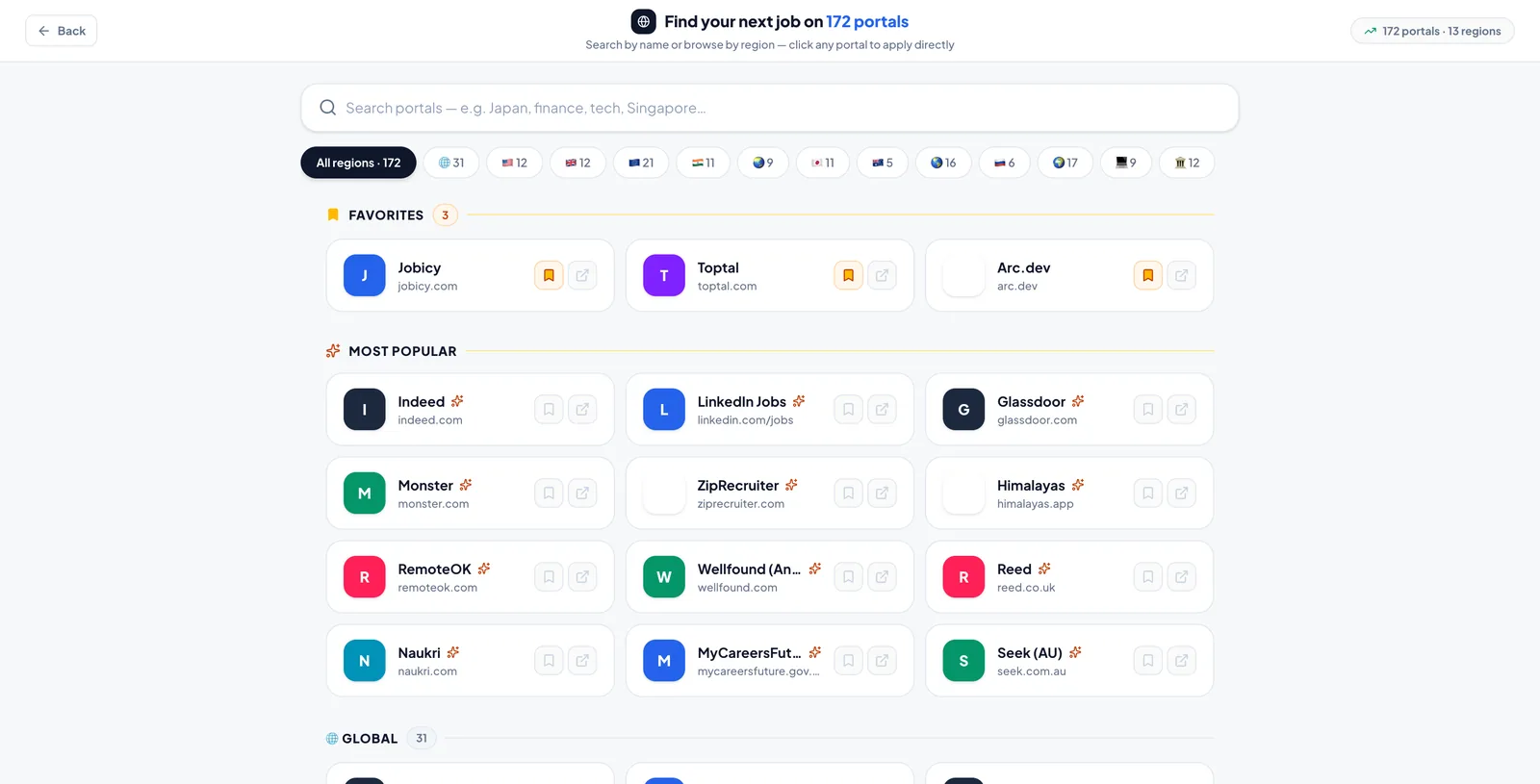 Job Portals directory — 190+ boards organized by region and category