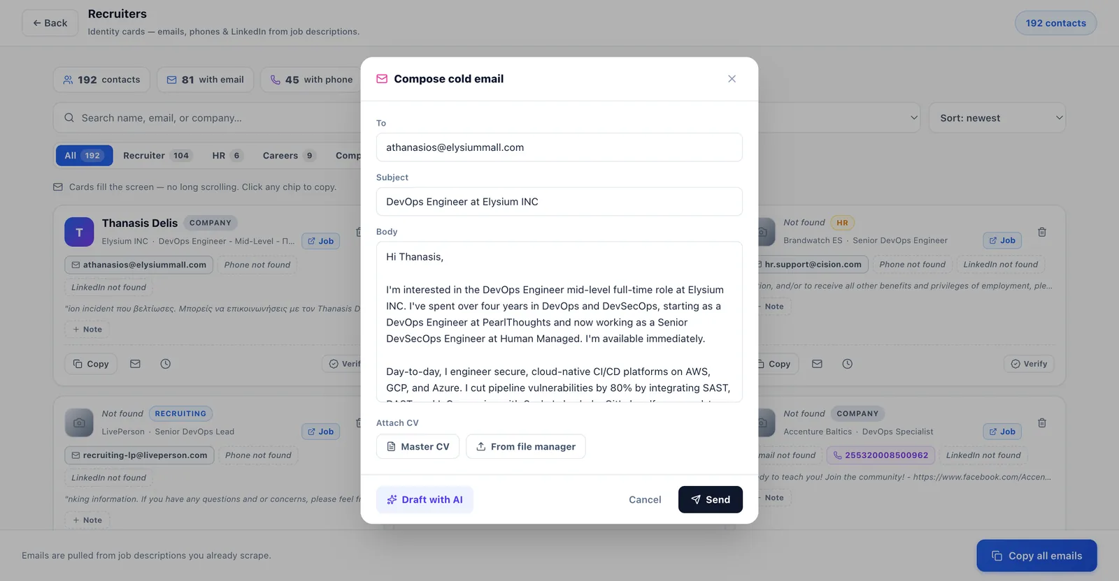 Recruiters screen — contacts with AI-drafted cold emails
