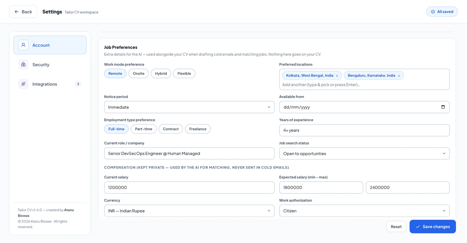 Job preferences in Settings — locations, notice period, salary expectations